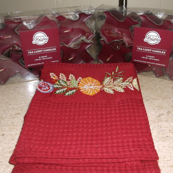 NWT Fall Tea Light Candle Set + Autumn Harvest Kitchen Towel Bundle - Picture 1 of 12